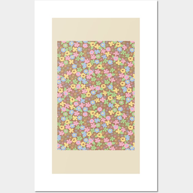 retro brown florals, groovy 60s pattern, 70s flowers, blue flower pattern, girly, for teen girl, retro, ditsy, ditsy daisy Wall Art by blomastudios